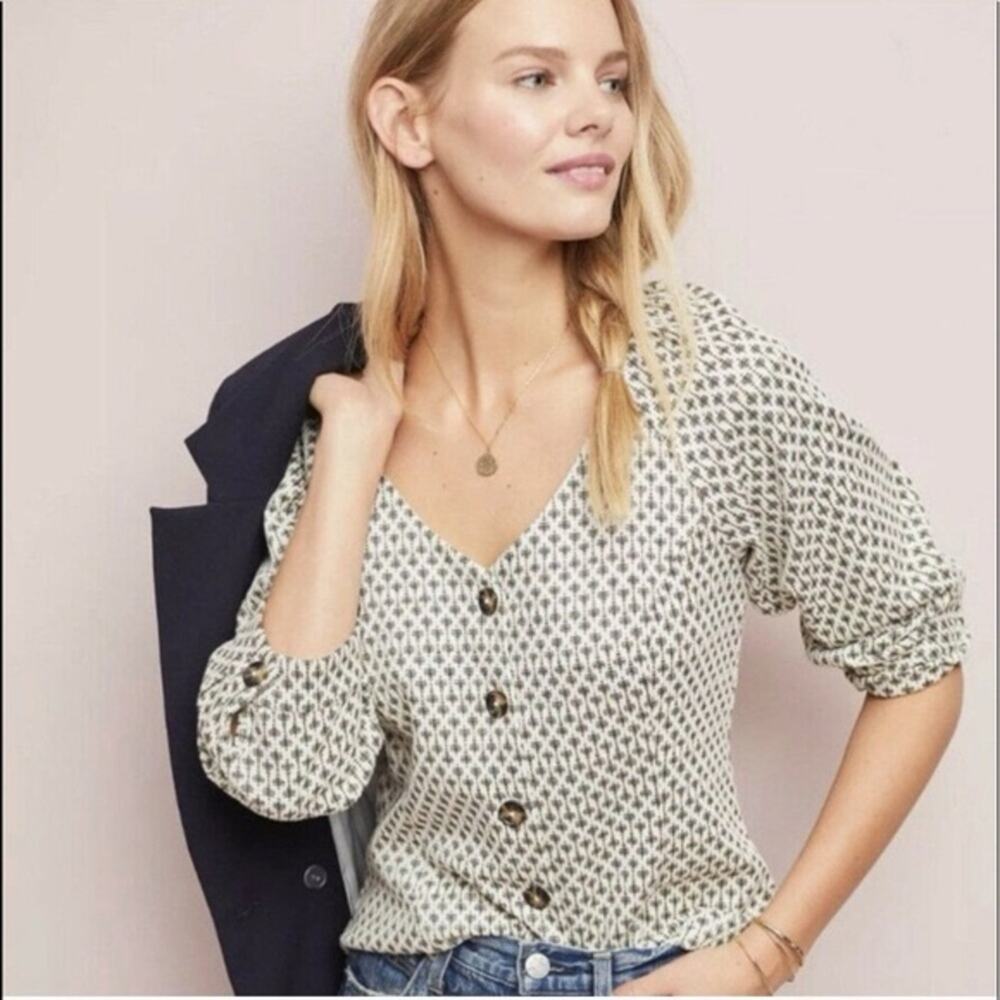 Anthropologie Ett:twa Coralie Jacquard Button Up Top Cream Gold Girly Indie XS